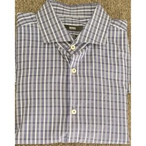 Hugo Boss Men's Blue Plaid Slim Fit Stretch Dress Shirt Size 16.5 Italian Fabric